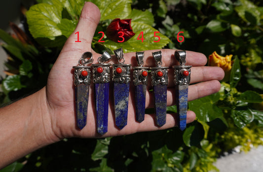 Pointed Lapis Lazuli with Red Coral Tibetan Silver Pendant for Necklace | High-Quality Gemstone Jewelry, Unisex Pendant, Birthstone