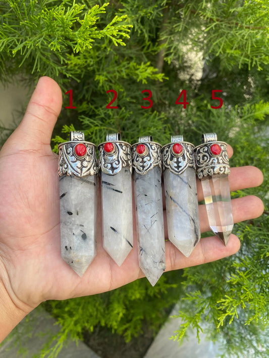 Pointed Moon Stone and Crystal with Coral, Crystal and Coral Crowned Pointed Moon Stone Pendant.