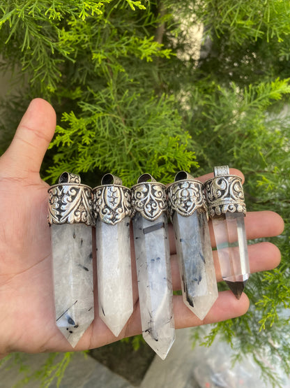 Pointed Moon Stone and Crystal with Coral, Crystal and Coral Crowned Pointed Moon Stone Pendant.