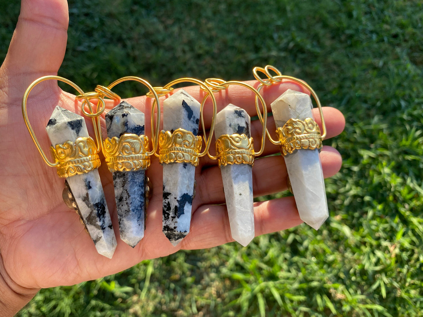 Pointed Natural Moonstone with Labradorite Gemstone,  18K Brushed Gold Overlay Pendant, Rainbow Moonstone Point Pendant, Healing Crystal