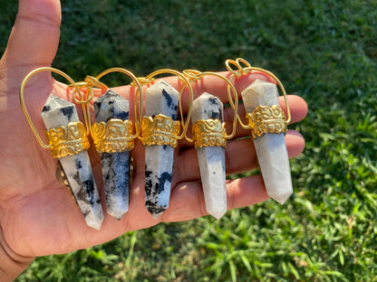 Pointed Natural Moonstone with Labradorite Gemstone,  18K Brushed Gold Overlay Pendant, Rainbow Moonstone Point Pendant, Healing Crystal