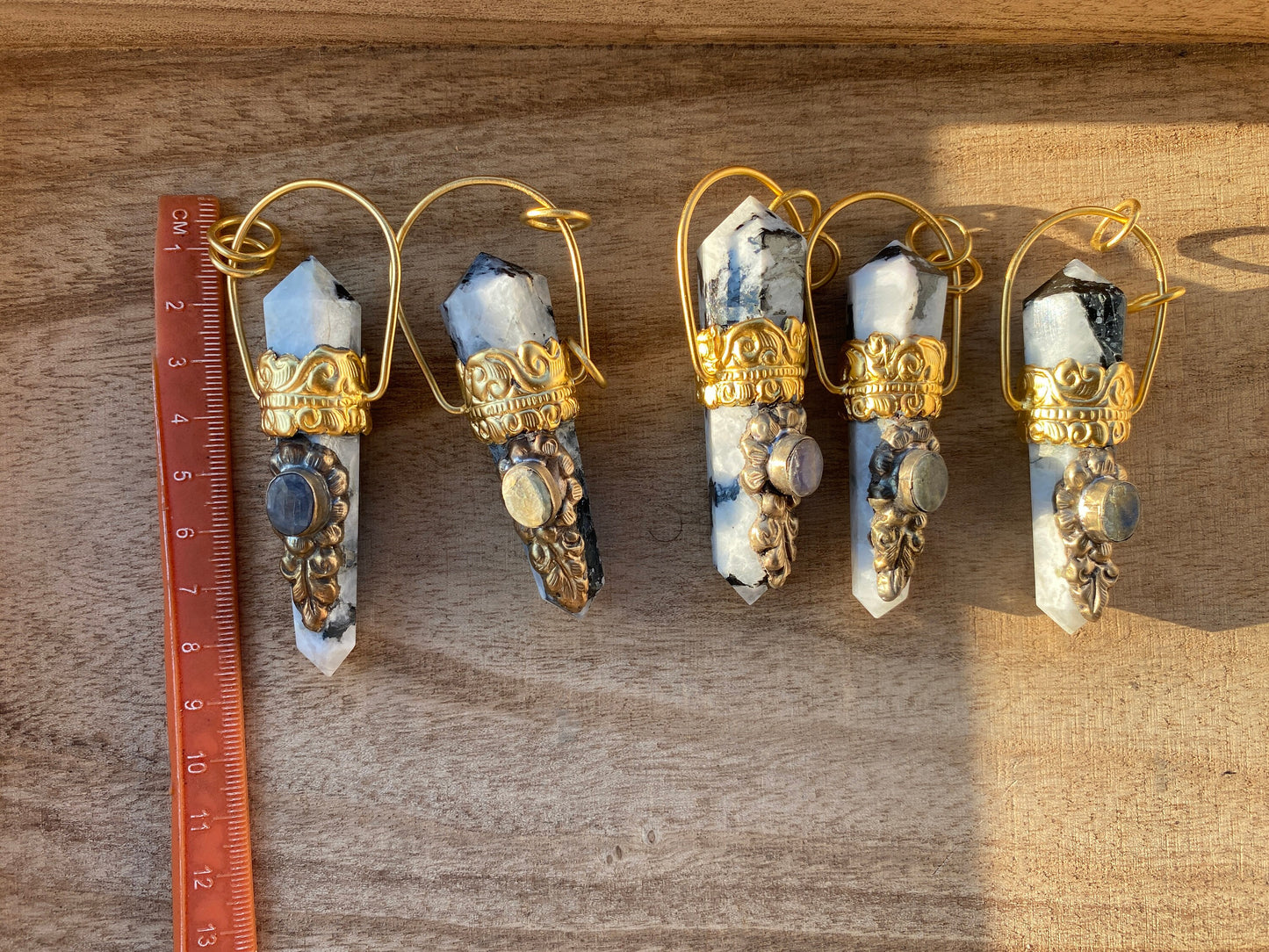 Pointed Natural Moonstone with Labradorite Gemstone,  18K Brushed Gold Overlay Pendant, Rainbow Moonstone Point Pendant, Healing Crystal
