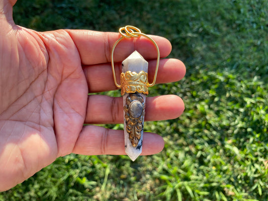 Pointed Natural Moonstone with Labradorite Gemstone,  18K Brushed Gold Overlay Pendant, Rainbow Moonstone Point Pendant, Healing Crystal