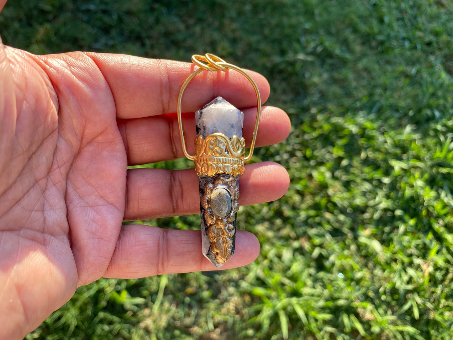 Pointed Natural Moonstone with Labradorite Gemstone,  18K Brushed Gold Overlay Pendant, Rainbow Moonstone Point Pendant, Healing Crystal