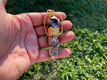 Pointed Natural Moonstone with Labradorite Gemstone,  18K Brushed Gold Overlay Pendant, Rainbow Moonstone Point Pendant, Healing Crystal