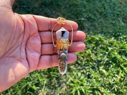 Pointed Natural Moonstone with Labradorite Gemstone,  18K Brushed Gold Overlay Pendant, Rainbow Moonstone Point Pendant, Healing Crystal