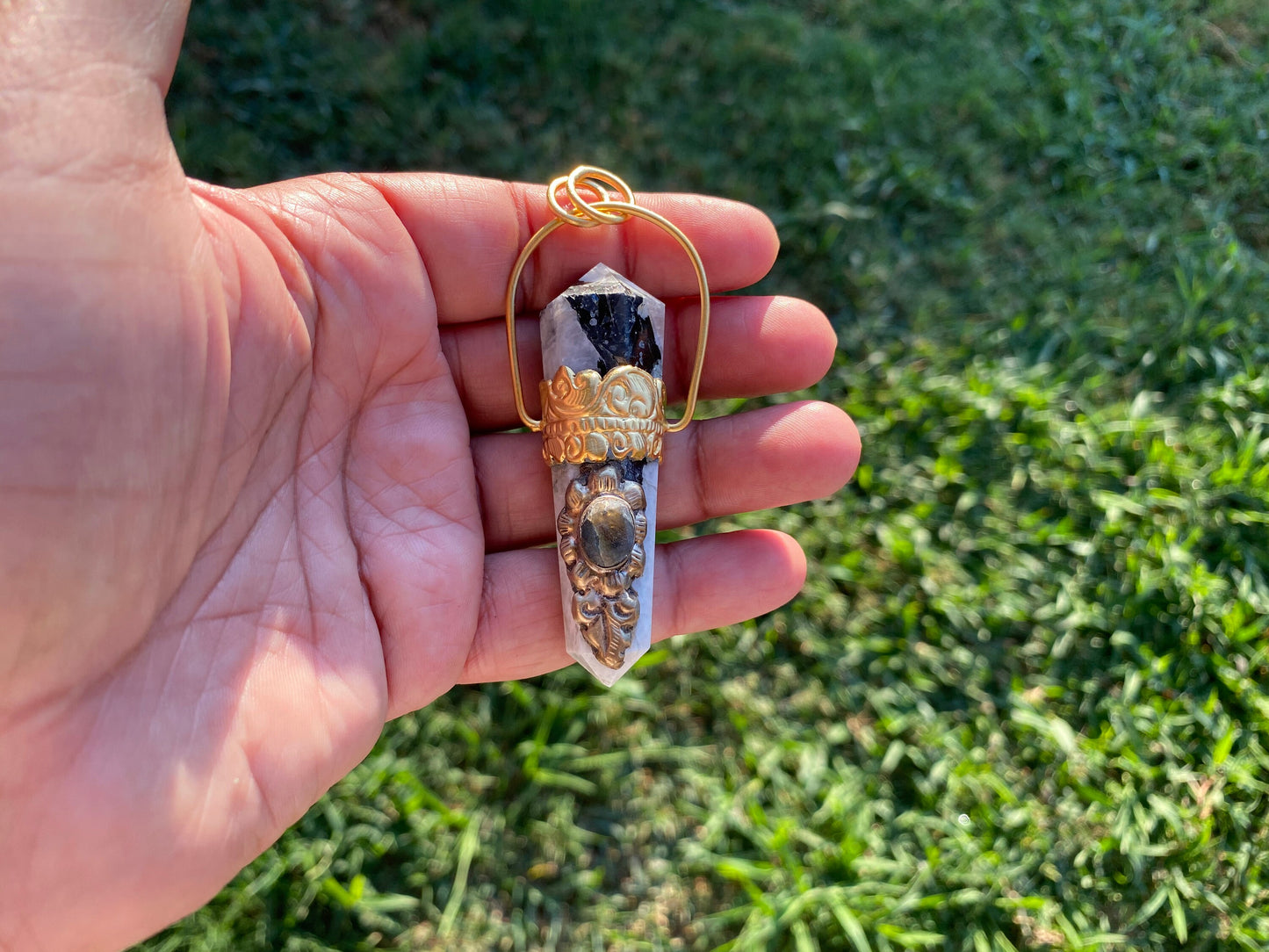 Pointed Natural Moonstone with Labradorite Gemstone,  18K Brushed Gold Overlay Pendant, Rainbow Moonstone Point Pendant, Healing Crystal