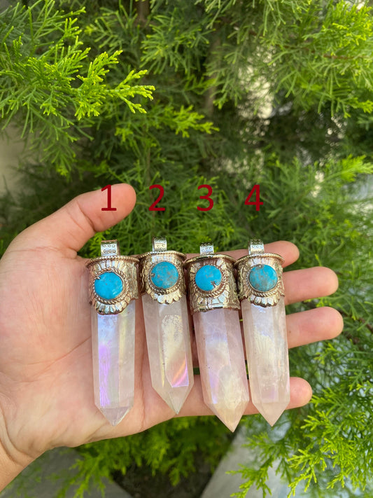 Pointed crystal pendant with Turquoise: Mystical Allure