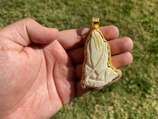 Prayer Hands Carved Bone Pendant, Non Tarnish 18k Brushed Gold Overlay, Crucifix Pendant, Christian Pendant, Jesus Cross Religious Gift