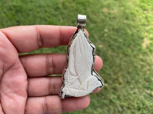 Prayer Hands Pendant, Carved Bone, Crucifix Pendant, Christian Pendant, Jesus Cross Religious Gift, Jesus Cross Gift, Namaste Pendant