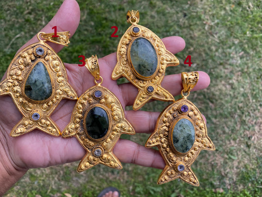 Prehnite with Amethyst Gemstone Fish Shaped Pendant, Non Tarnish Brushed Gold Overlay, Calming Stone, Elegant Jewelry, Luxury Pendant