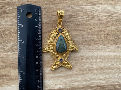 Prehnite with Amethyst Gemstone Fish Shaped Pendant, Non Tarnish Brushed Gold Overlay, Calming Stone, Elegant Jewelry, Luxury Pendant