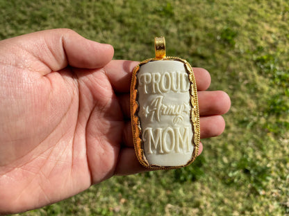 Proud Army Mom Bone Carved Pendant, 18K Brushed Gold Overlay, Non Tarnish, Jewelry for Army Mom, Military Pride Jewelry, Army Mom Gifts