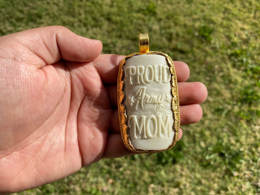 Proud Army Mom Bone Carved Pendant, 18K Brushed Gold Overlay, Non Tarnish, Jewelry for Army Mom, Military Pride Jewelry, Army Mom Gifts