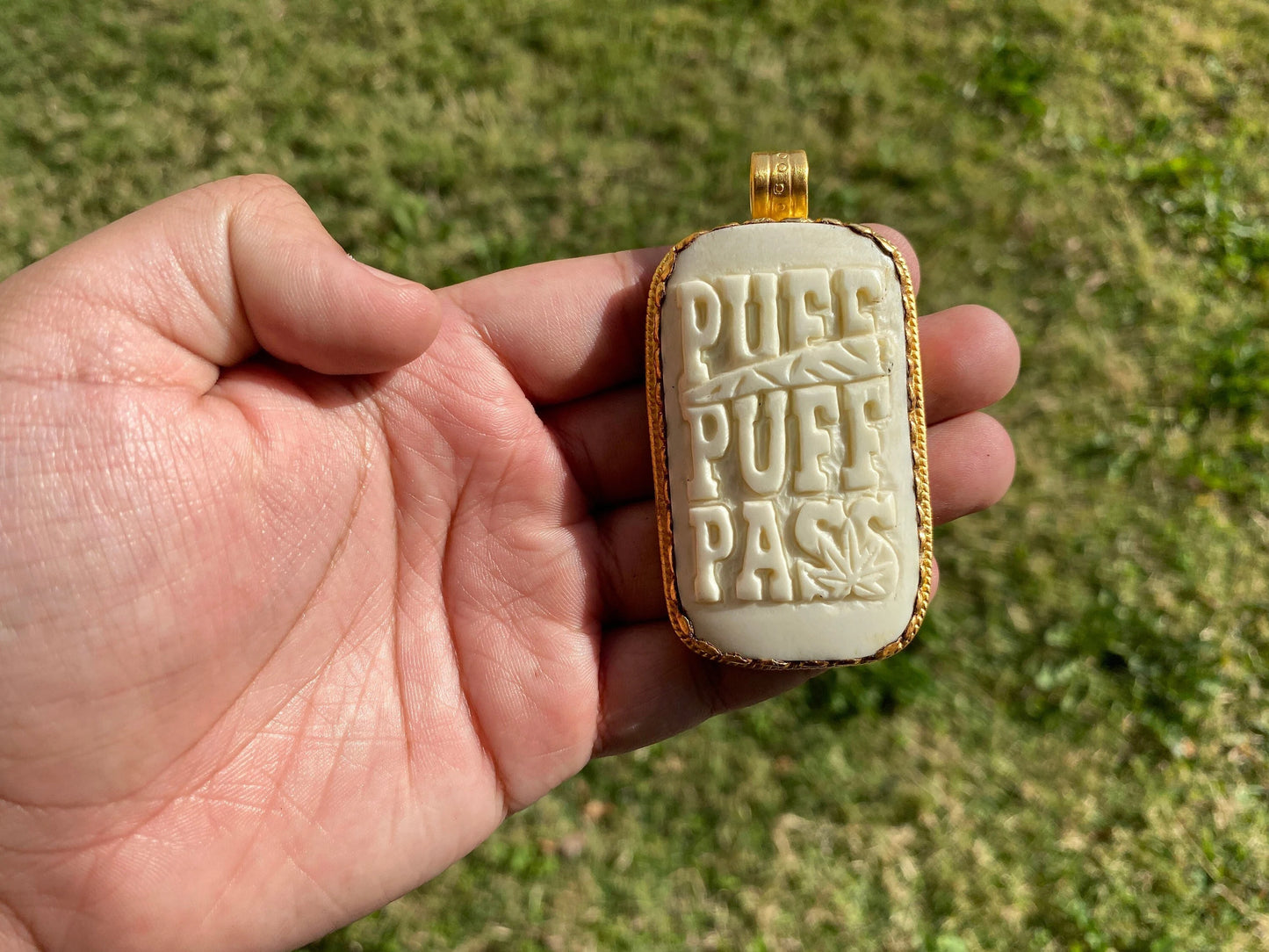Puff Puff Pass Bone Gold Pendant, Funny Pendant, Unique Jewelry, Non Tarnish Gold Overlay Jewelry, For Weed Lovers, Stoner Gifts, Weed Gifts