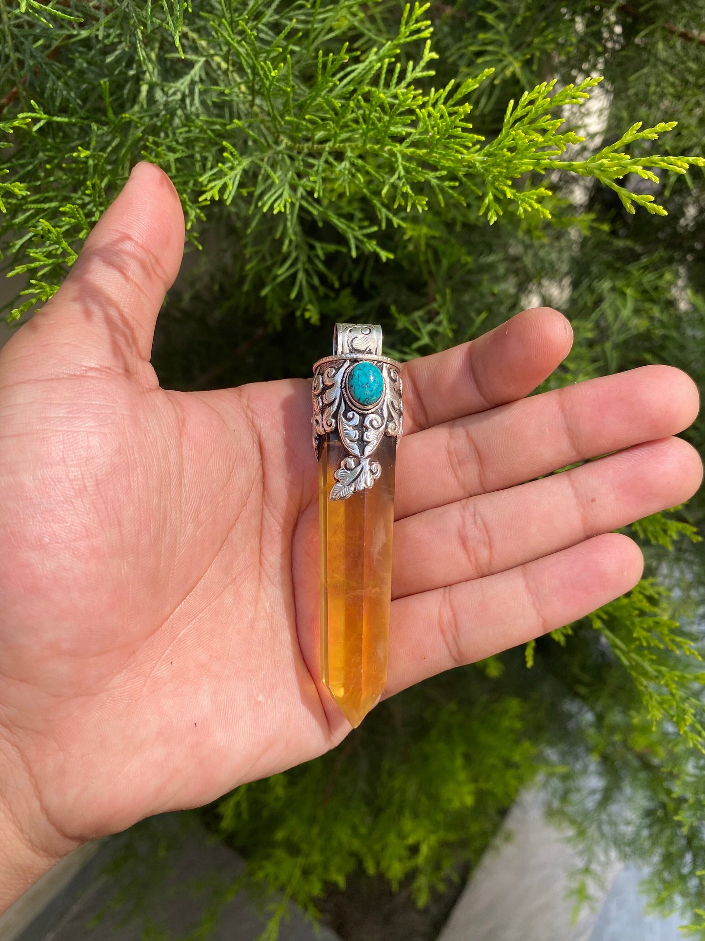 Radiant Pointed Fluorite Pendant, Pointed Fluorite Pendant with Turquoise Accent