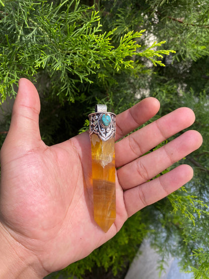 Radiant Pointed Fluorite Pendant, Pointed Fluorite Pendant with Turquoise Accent