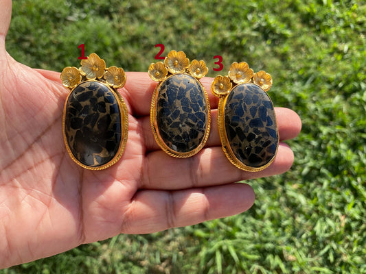 Rare Marcasite Jasper Natural Stone Brushed Gold Overlay Pendant, Luxury Pendant, Unique Craftsmanship, Handcrafted Design, Vintage Inspired