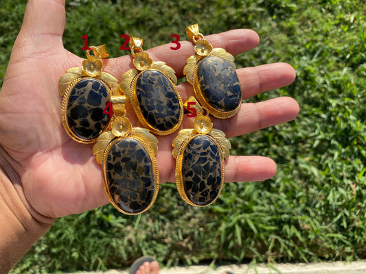 Rare Marcasite Jasper Natural Stone Brushed Gold Overlay Pendant, Luxury Pendant, Unique Craftsmanship, Handcrafted Design, Vintage Inspired