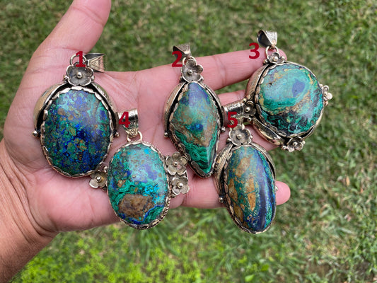 Rare Natural Stone Azurite with Malachite Tibetan Silver Pendant, Ethnic Inspired Jewelry, Earthy Jewelry, Metaphysical Stone, Boho Necklace