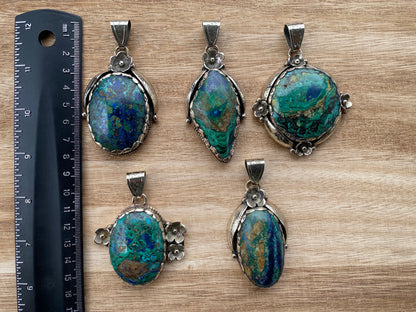 Rare Natural Stone Azurite with Malachite Tibetan Silver Pendant, Ethnic Inspired Jewelry, Earthy Jewelry, Metaphysical Stone, Boho Necklace