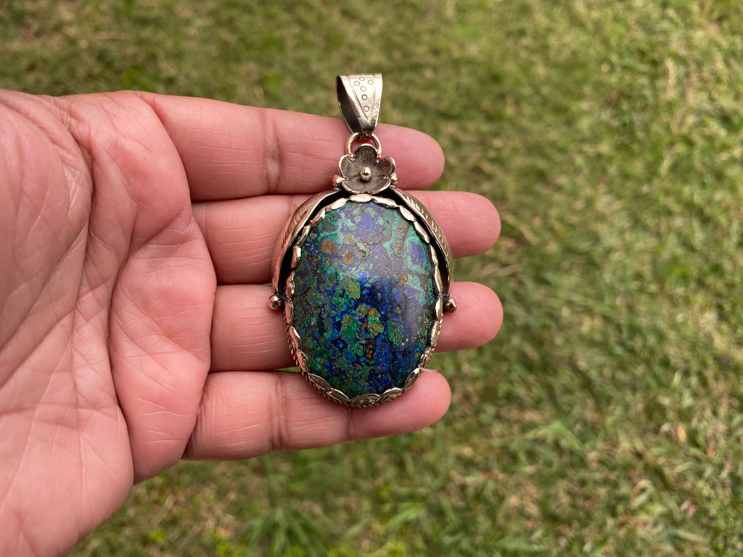 Rare Natural Stone Azurite with Malachite Tibetan Silver Pendant, Ethnic Inspired Jewelry, Earthy Jewelry, Metaphysical Stone, Boho Necklace