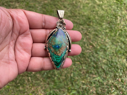 Rare Natural Stone Azurite with Malachite Tibetan Silver Pendant, Ethnic Inspired Jewelry, Earthy Jewelry, Metaphysical Stone, Boho Necklace