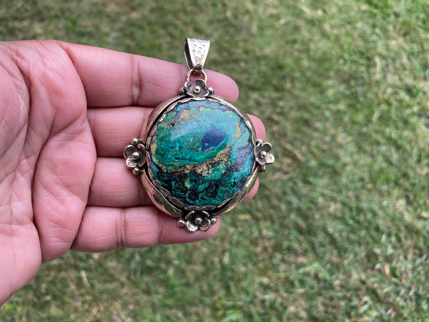 Rare Natural Stone Azurite with Malachite Tibetan Silver Pendant, Ethnic Inspired Jewelry, Earthy Jewelry, Metaphysical Stone, Boho Necklace