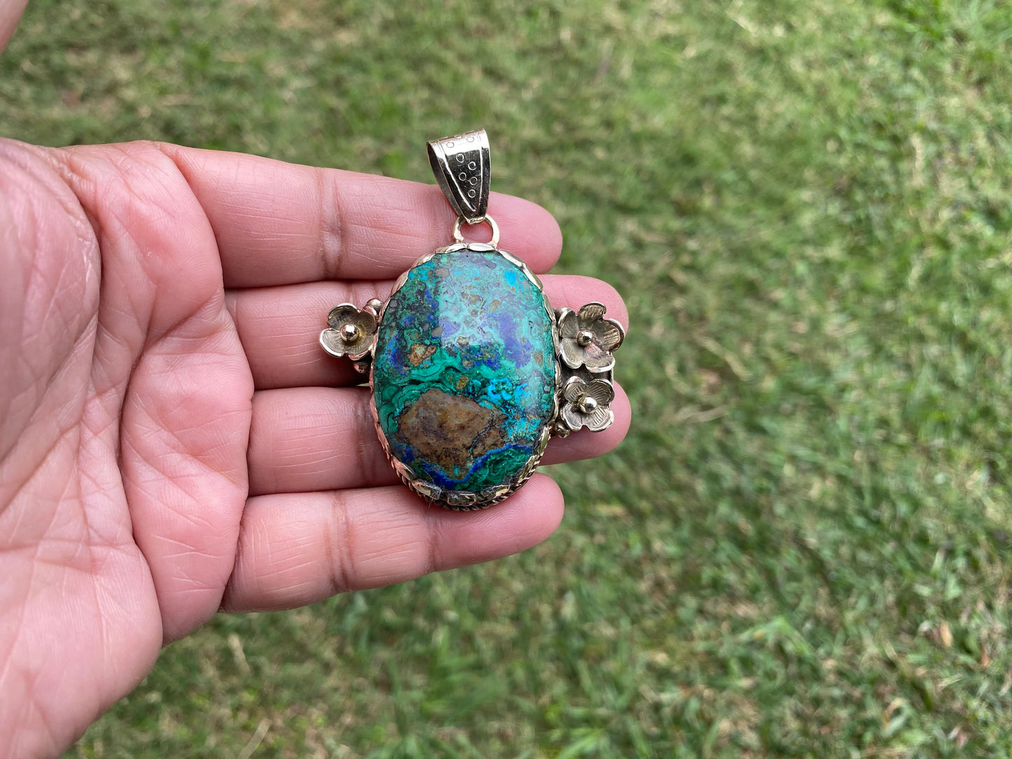 Rare Natural Stone Azurite with Malachite Tibetan Silver Pendant, Ethnic Inspired Jewelry, Earthy Jewelry, Metaphysical Stone, Boho Necklace