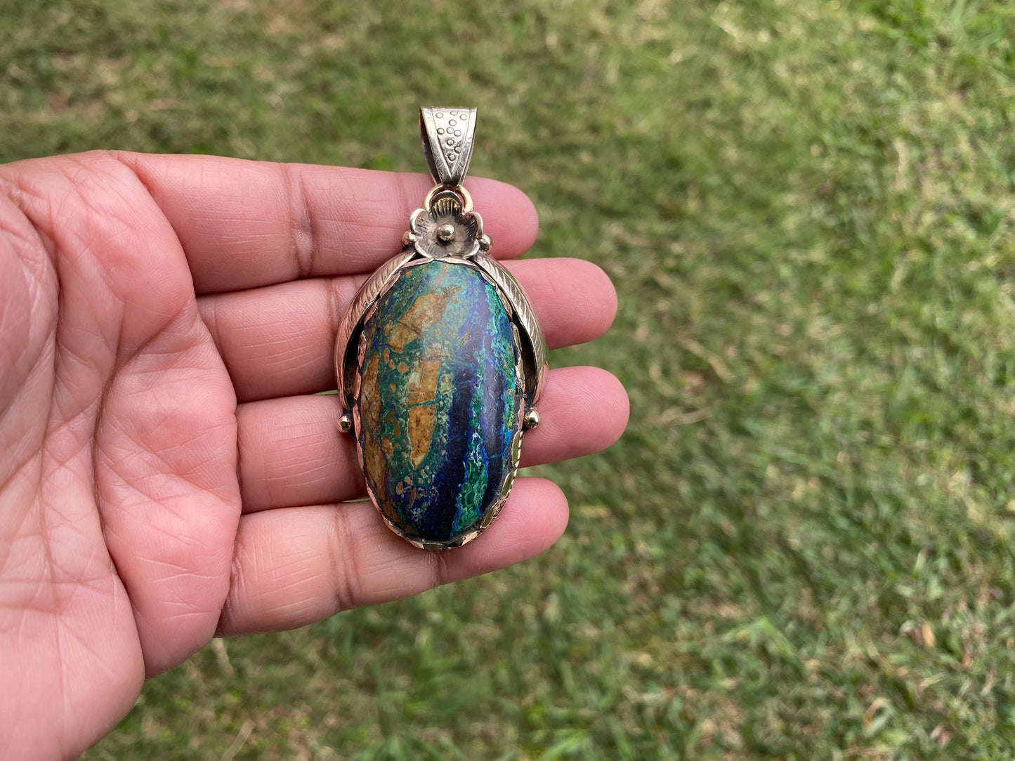 Rare Natural Stone Azurite with Malachite Tibetan Silver Pendant, Ethnic Inspired Jewelry, Earthy Jewelry, Metaphysical Stone, Boho Necklace