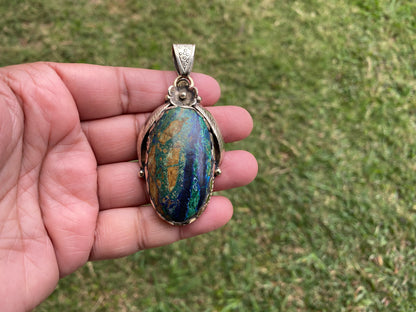Rare Natural Stone Azurite with Malachite Tibetan Silver Pendant, Ethnic Inspired Jewelry, Earthy Jewelry, Metaphysical Stone, Boho Necklace
