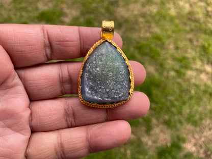 Raw Agate Druzy Stone Non Tarnish Brushed Gold Overlay Pendant, Healing Pendant, Hill Tribe Women's Jewelry, Birthstone Pendant for Necklace