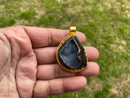 Raw Agate Druzy Stone Non Tarnish Brushed Gold Overlay Pendant, Healing Pendant, Hill Tribe Women's Jewelry, Birthstone Pendant for Necklace