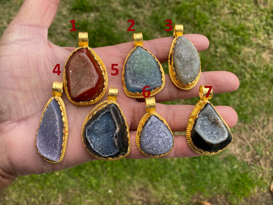 Raw Agate Druzy Stone Non Tarnish Brushed Gold Overlay Pendant, Healing Pendant, Hill Tribe Women's Jewelry, Birthstone Pendant for Necklace