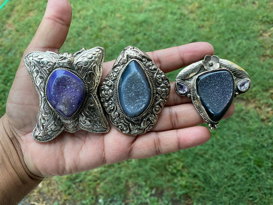 Raw Agate Druzy Stone Tibetan Silver Large Pendant, Healing Pendant, Hill Tribe Women's Jewelry, Birthstone Pendant, Pendant Necklace