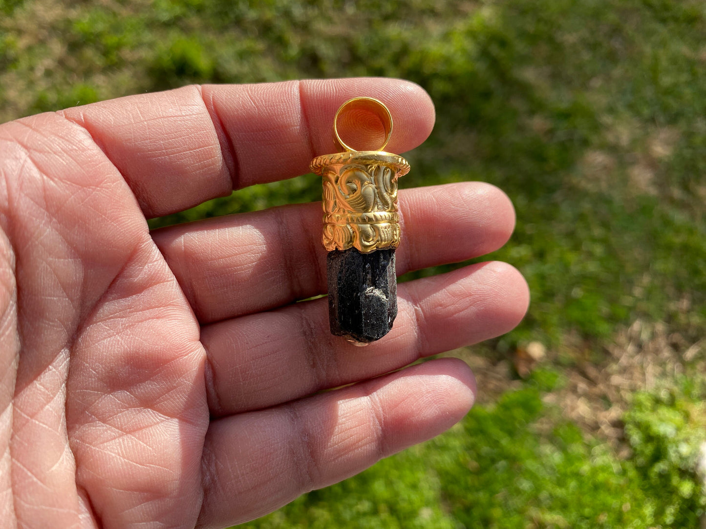 Raw Black Tourmaline Brushed Gold Overlay Non Tarnish Pendant, Natural Pointed Crystal, Black Tourmaline Gemstone, Higxh Energy Stone Pendant