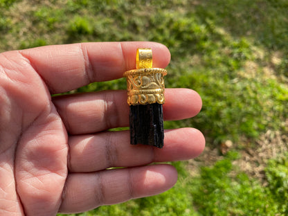 Raw Black Tourmaline Brushed Gold Overlay Non Tarnish Pendant, Natural Pointed Crystal, Black Tourmaline Gemstone, Higxh Energy Stone Pendant