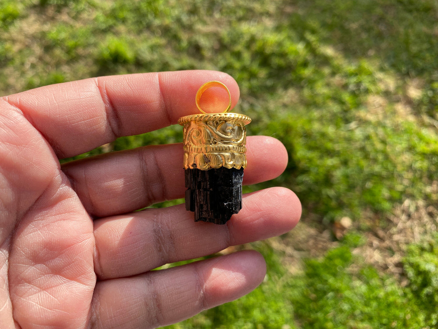 Raw Black Tourmaline Brushed Gold Overlay Non Tarnish Pendant, Natural Pointed Crystal, Black Tourmaline Gemstone, Higxh Energy Stone Pendant
