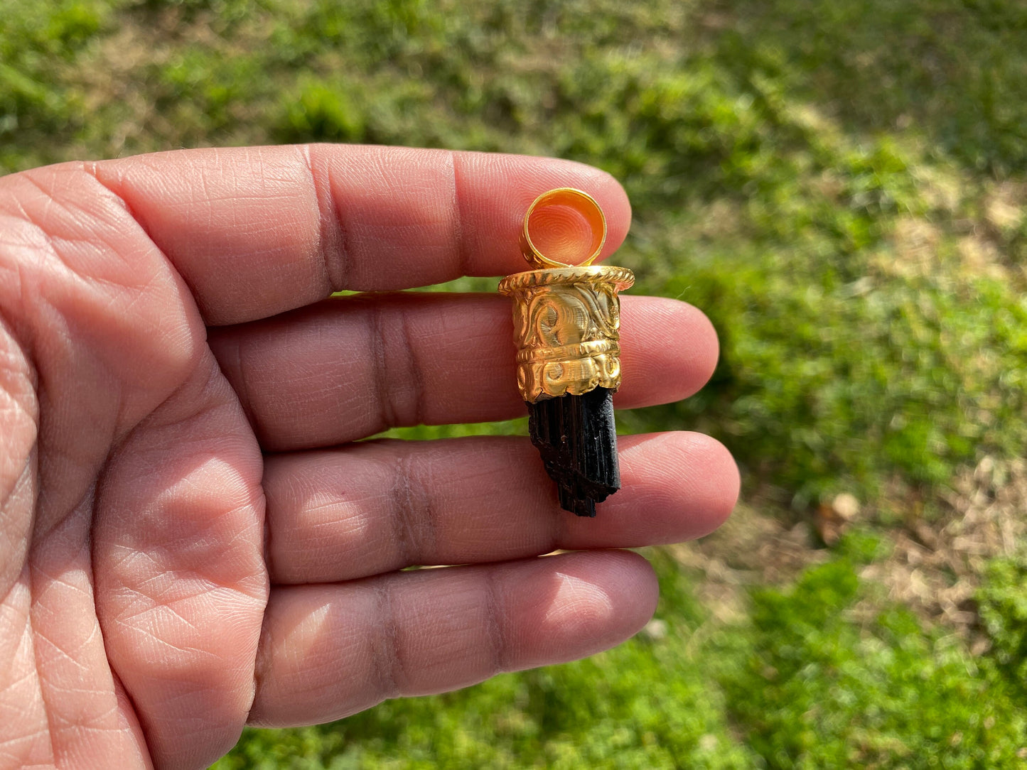 Raw Black Tourmaline Brushed Gold Overlay Non Tarnish Pendant, Natural Pointed Crystal, Black Tourmaline Gemstone, Higxh Energy Stone Pendant