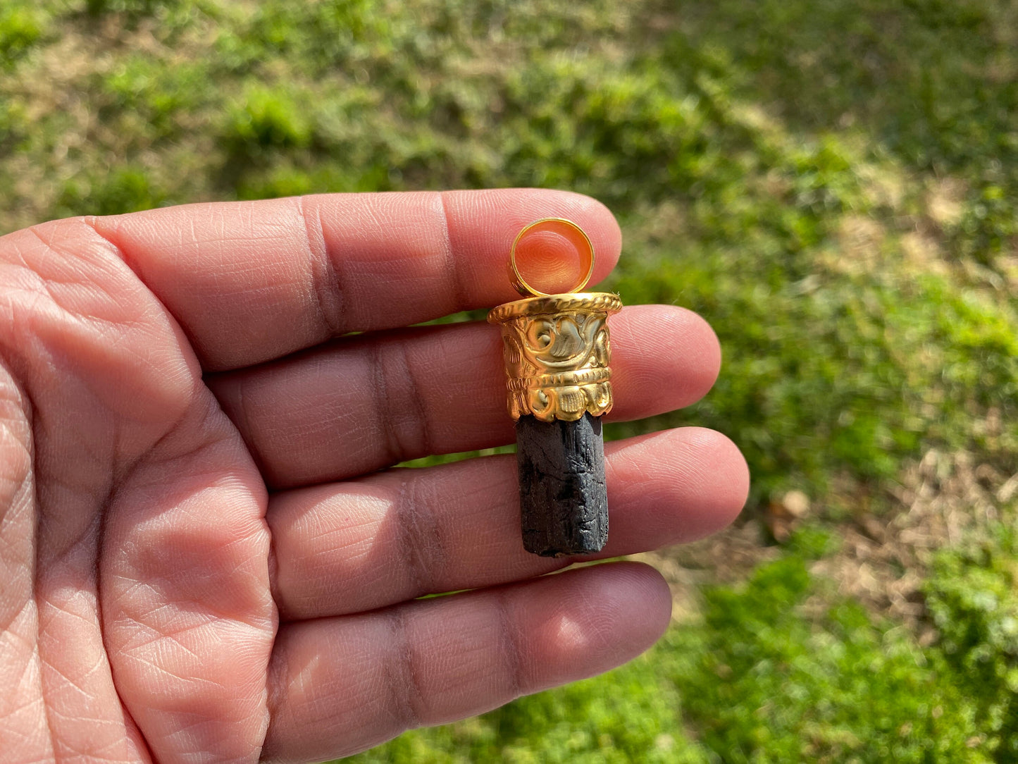 Raw Black Tourmaline Brushed Gold Overlay Non Tarnish Pendant, Natural Pointed Crystal, Black Tourmaline Gemstone, Higxh Energy Stone Pendant