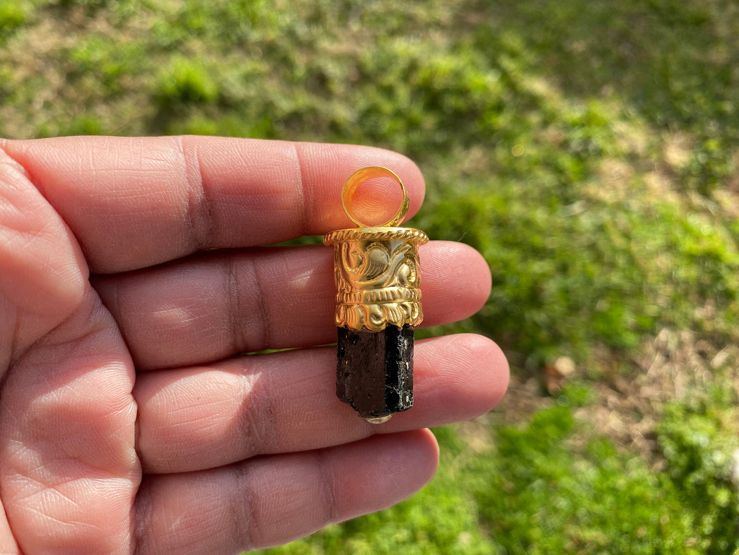 Raw Black Tourmaline Brushed Gold Overlay Non Tarnish Pendant, Natural Pointed Crystal, Black Tourmaline Gemstone, Higxh Energy Stone Pendant