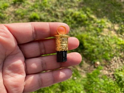 Raw Black Tourmaline Brushed Gold Overlay Non Tarnish Pendant, Natural Pointed Crystal, Black Tourmaline Gemstone, Higxh Energy Stone Pendant