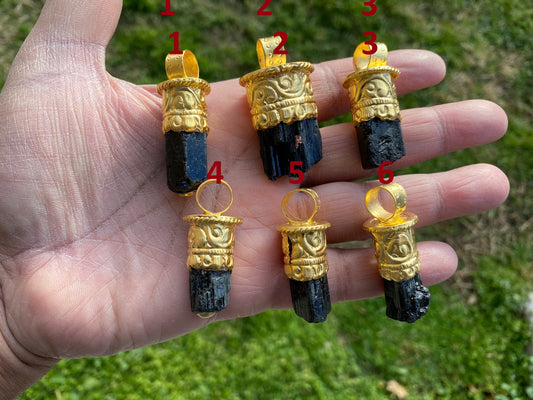 Raw Black Tourmaline Brushed Gold Overlay Non Tarnish Pendant, Natural Pointed Crystal, Black Tourmaline Gemstone, High Energy Stone Pendant