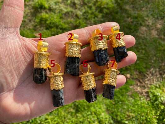 Raw Black Tourmaline Brushed Gold Overlay Non Tarnish Pendant, Natural Pointed Crystal, Black Tourmaline Gemstone, Higxh Energy Stone Pendant