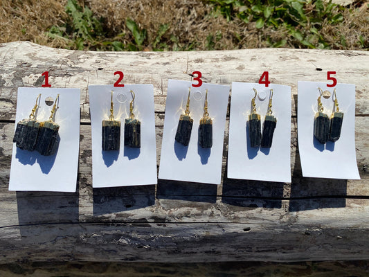 Raw Black Tourmaline Earrings, Gold Electroplated, Raw Gemstone Earrings, Dangle Earring, Gifts for Mom, Mothers Day Gift, Healing Crystal