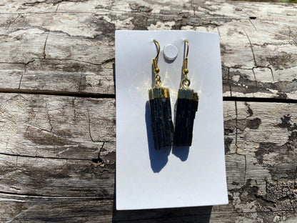 Raw Black Tourmaline Earrings, Gold Electroplated, Raw Gemstone Earrings, Dangle Earring, Gifts for Mom, Mothers Day Gift, Healing Crystal