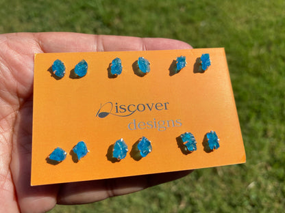 Raw Blue Apatite Gemstone Studs Earrings, Sterling Silver Earrings, Healing Crystal Earrings, Natural Stone Studs Earrings, Birthstone Studs
