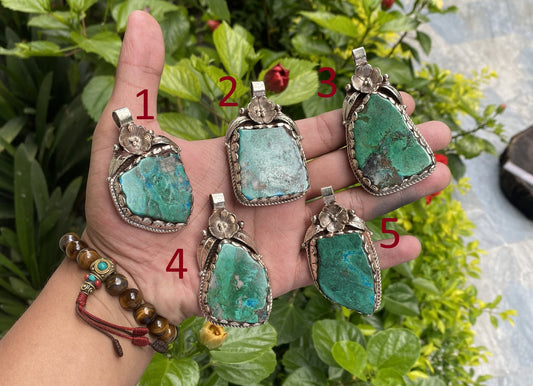 Raw Chrysocolla Handmade Nepalese Pendant, Boho Chic Jewelry, Unisex Tibetan Silver Jewelry, Healing Pendant, Hammered Floral Design