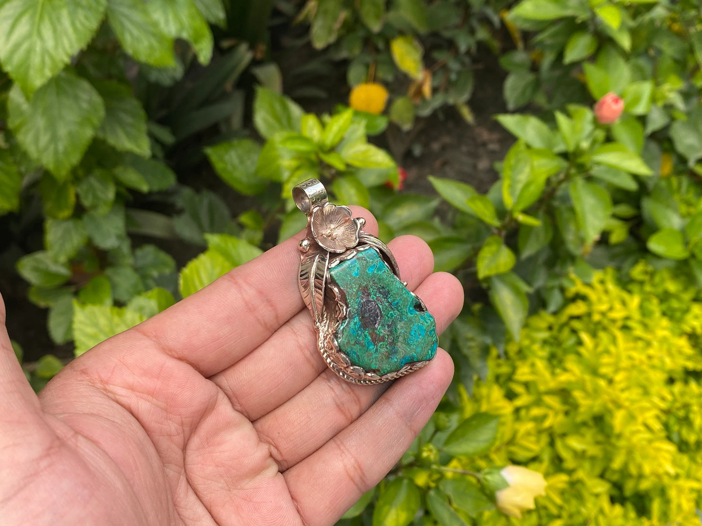 Raw Chrysocolla Pendant, Handmade Boho Style from Nepal, Trendy Hammered Floral Raw Chrysocolla Jewelry, Two Sided in Stylish, Natural Stone