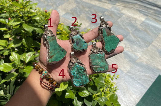 Raw Chrysocolla Pendant, Handmade Boho Style from Nepal, Trendy Hammered Floral Raw Chrysocolla Jewelry, Two Sided in Stylish, Natural Stone